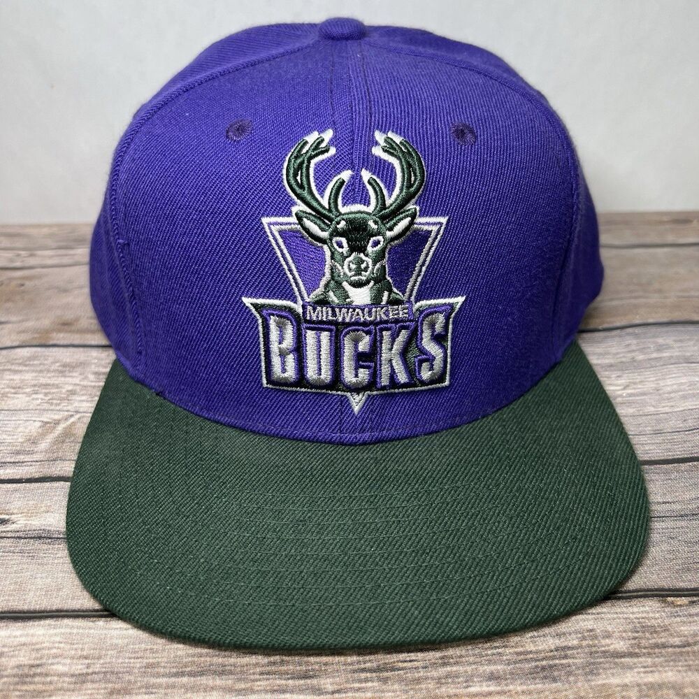 Milwaukee Bucks Mitchell & Ness Snapback Hat Cap Purple Green 2tone NBA OSFM